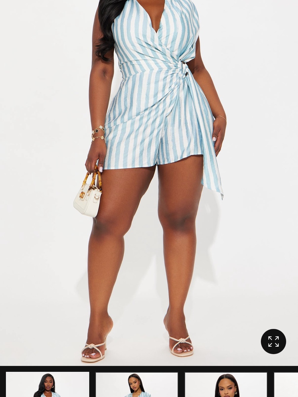 Fashion Nova Light Blue & White Striped Wrap Romper